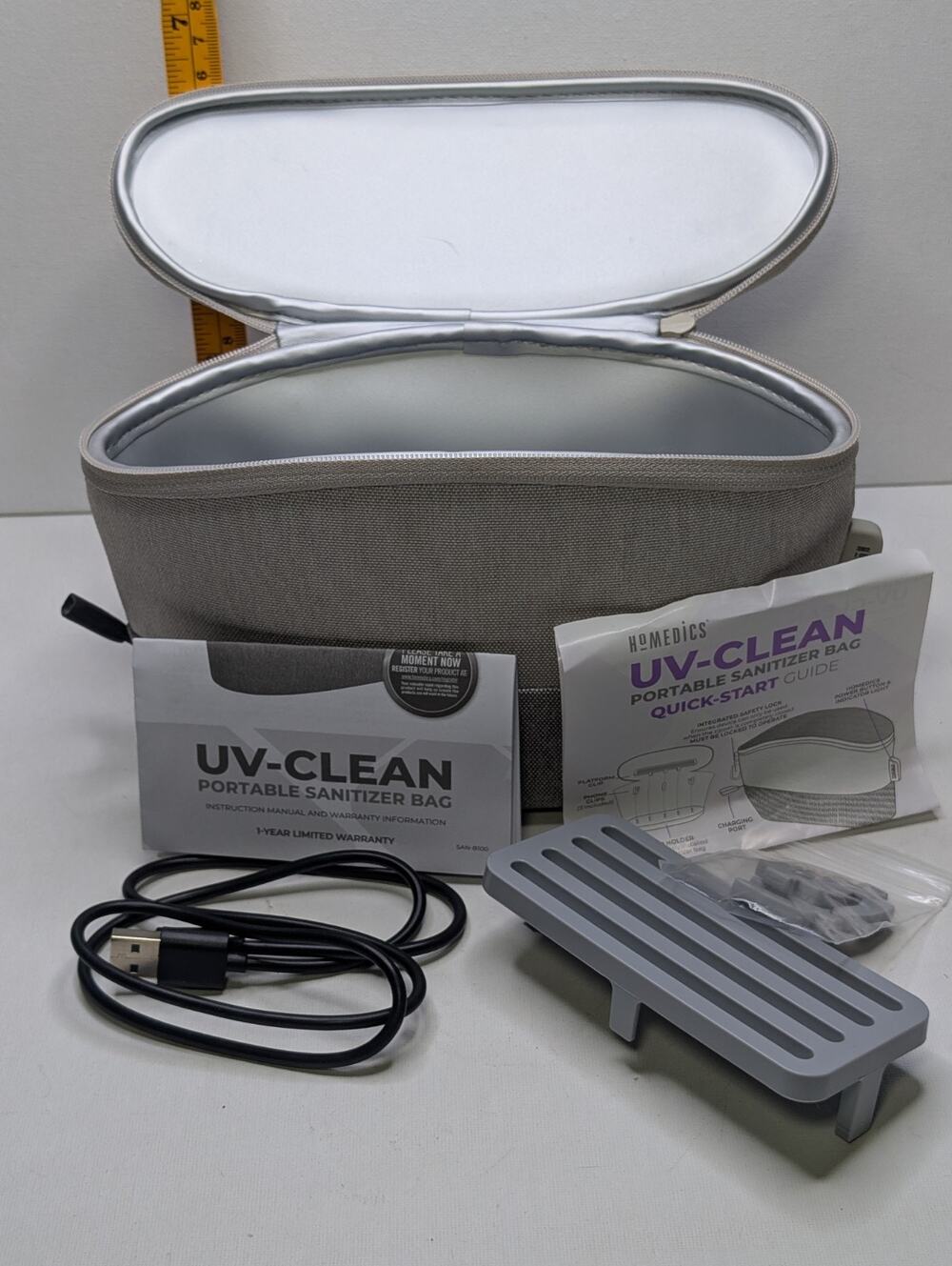 HoMedics UV-Clean SAN-B100 Portable SanitizerBag Gray USB Powered Cable Manuals